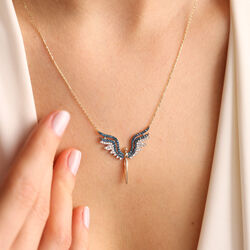 14 Ayar Altın Angel Kolye Blue Topaz - Thumbnail