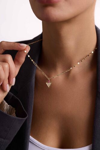 14 Ayar Altın Aura Ruby Kolye İtaly Aynalı ve Ataç Zİncirli - SembolGold