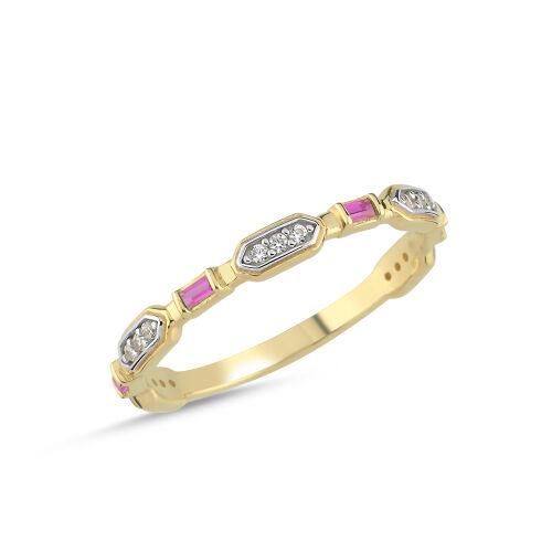 14 Ayar Altın Baget Taşlı Vintage Yüzük - Kırmızı Taşlı - SembolGold