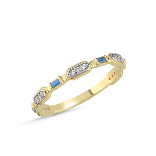 14 Ayar Altın Baget Taşlı Vintage Yüzük - Mavi Taşlı - SembolGold