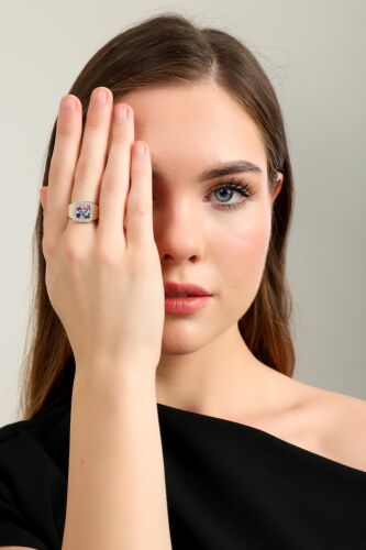 14 Ayar Altın Çok Renkli Taşlı Kadın Yüzük – Özel Tasarım & Şık Model - SembolGold