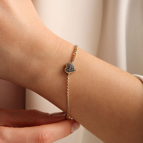 14 Ayar Altın Kalp Bileklik Gurmet Zincir 1.0 cm Onix - SembolGold