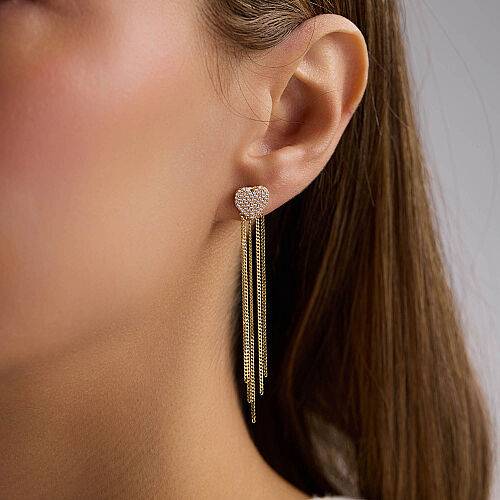 14 Ayar Altın Kalp Sallantılı Zincir Küpe 3,35 Gr 6,5 cm - SembolGold