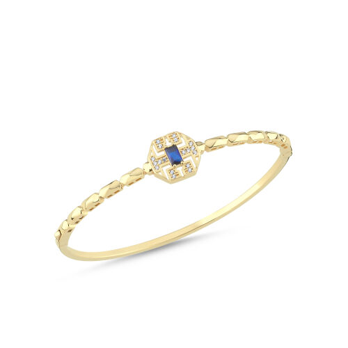 14 Ayar Altın Mavi Taşlı Geometrik Kelepçe Bilezik - SembolGold