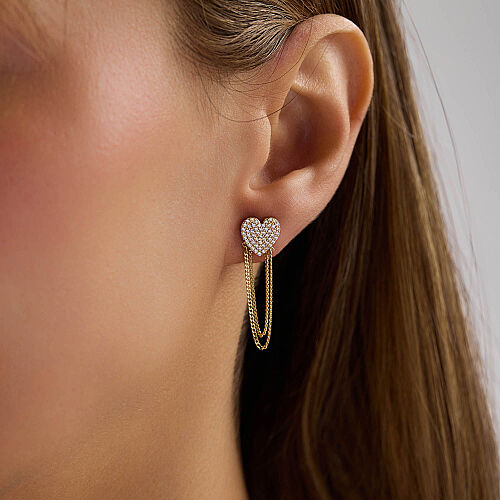 14 Ayar Altın Taşlı Kalp Zincir Sallantılı Küpe 2,45 Gr 3 cm - SembolGold