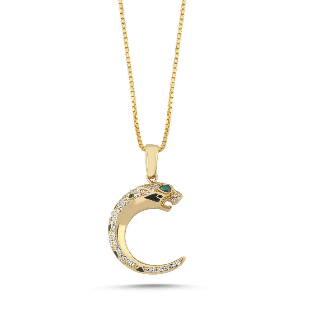 14 Ayar Altın Taşlı Panter Leopar Kolye 50 cm