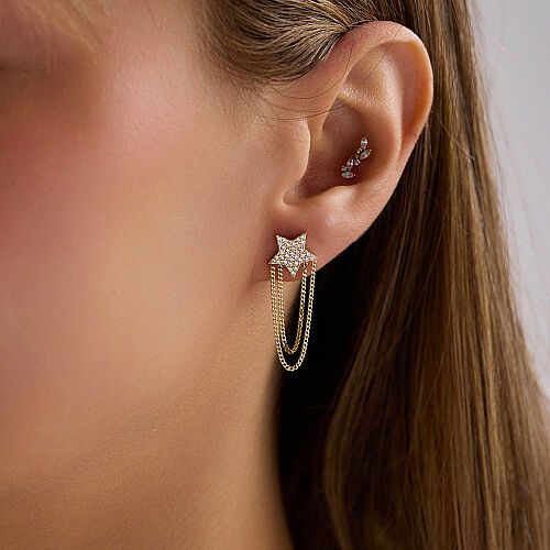 14 Ayar Altın Taşlı Yıldız Zincir Sallantılı Küpe 2,20 Gr 3 cm - SembolGold