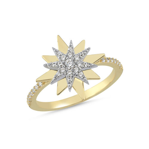 14 Ayar Altın Yıldız Motifli Taşlı Kadın Yüzük – Işıltılı Tasarım - SembolGold