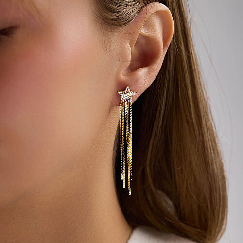 14 Ayar Altın Yıldız Sallantılı Zincir Küpe 3,10 Gr 6,5 cm - SembolGold