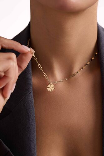 14 Ayar Altın Yonca Kolye İtaly Aynalı ve Ataç Zİncirli - SembolGold