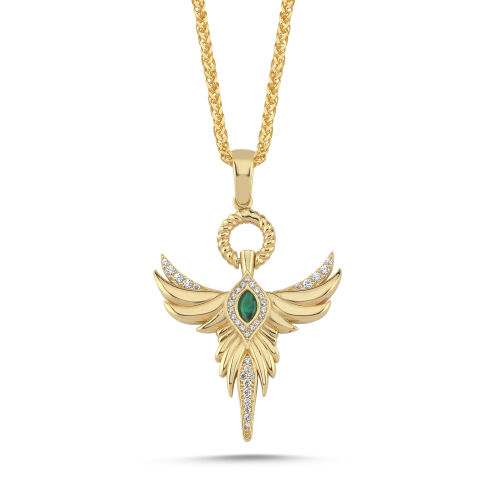 14 Ayar Altın Zümrüt Taşlı Melek Kanadı Figürlü Kolye 55cm - SembolGold