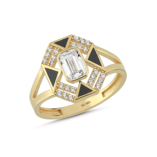 14 Ayar Geometrik Siyah Detaylı Altın Yüzük 2,55 Gr - SembolGold