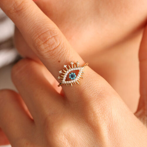 SembolGold - 14 Ayar Özel Tasarım Altın Evil Eye Yüzük Firuzeli (1)