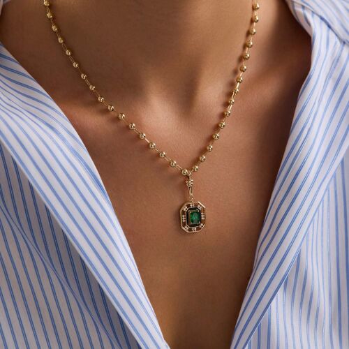 14 Ayar Özel Tasarım Yeşil Taşlı Kolye Ball Chain - SembolGold