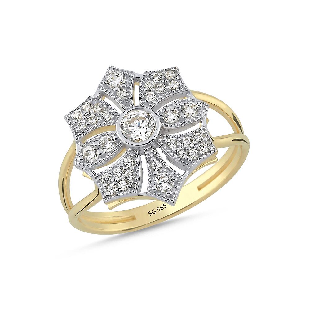 14 Ayar Taşlı Çiçek Desenli Altın Yüzük 3.10 Gram