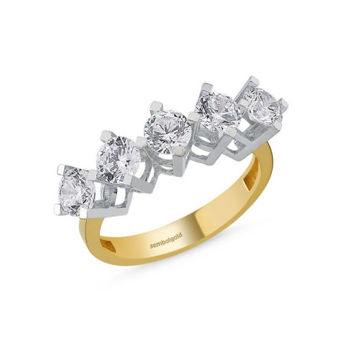 5 Taş Yüzük Sarı Altın Swarovski - SembolGold