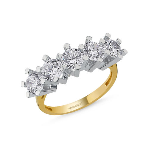 5 Taş Yüzük Sarı Altın Swarovski - SembolGold