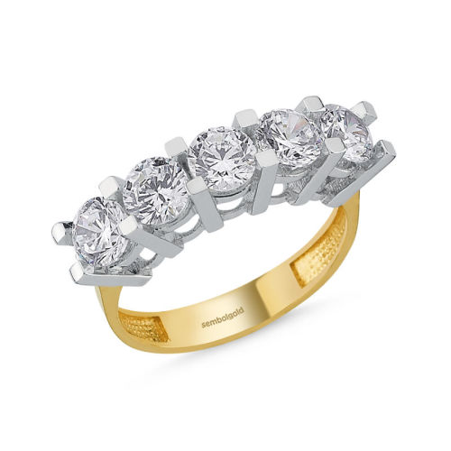 5 Taş Yüzük Sarı Altın Swarovski - SembolGold