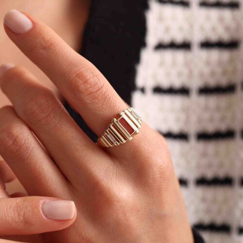 Akik Taşlı Altın Bagetta Yüzük İtaly - SembolGold