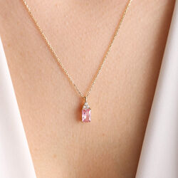 Altın Baget Kolye Pink Topaz - Thumbnail