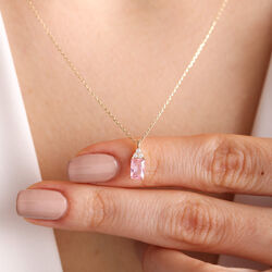 Altın Baget Kolye Pink Topaz - Thumbnail