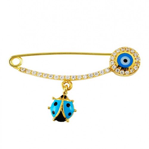 Altın Çengel İğne Uğur Böcekli Mavi Mineli Bayan - SembolGold