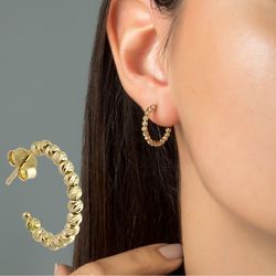 Altın Halka Küpe Dorikalı 14K Gold Üç Renk - Thumbnail