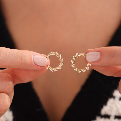 Altın Halka Küpe Özel Tasarım Taşlı 1.7 Cm - SembolGold