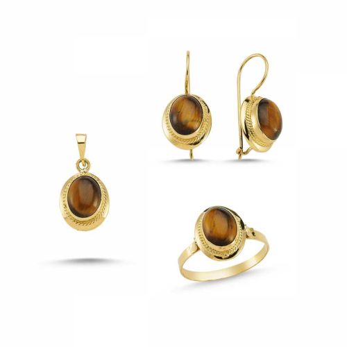 Altın Kaplan Gözü Taşlı 3'lü Set Takım - SembolGold