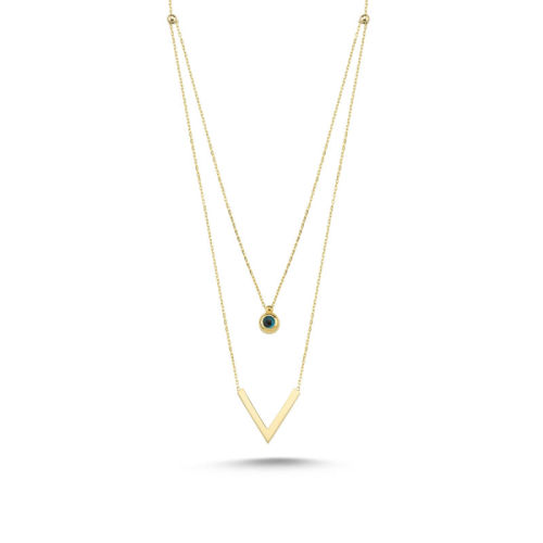 Altın Kolye Nazarboncuk ve Üçgen Çift Zincirli - SembolGold