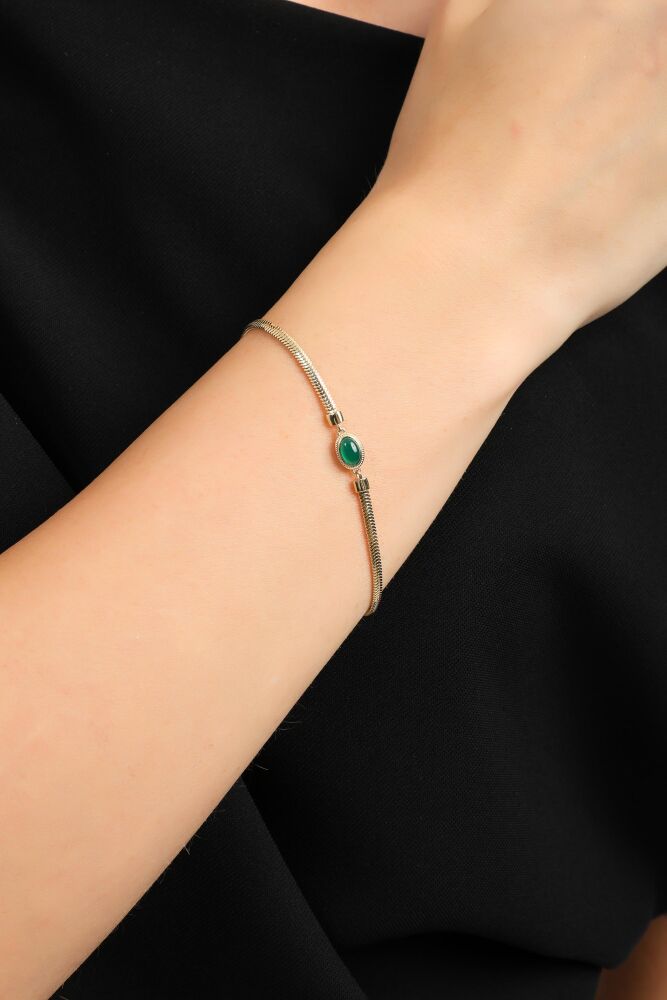 Balık Sırtı Bileklik Green Opal Taşlı 17+3 cm En 3 mm