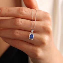 Beyaz Altın Baget Kolye Aquablue Stone - Thumbnail
