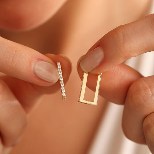 Dikdörtgen Taşlı Altın Halka Küpe 1.5 cm Mini - SembolGold