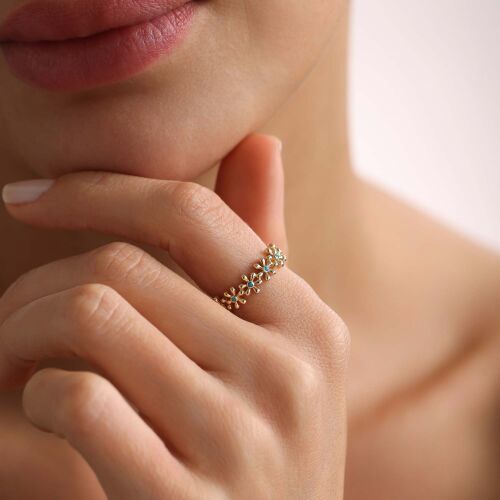 Firuze Taşlı Altın Çiçek Yüzük - SembolGold