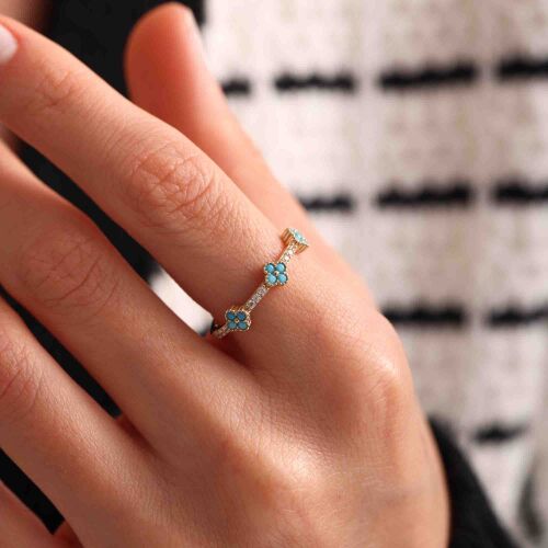 Firuze Taşlı Altın Yonca Yüzük - SembolGold