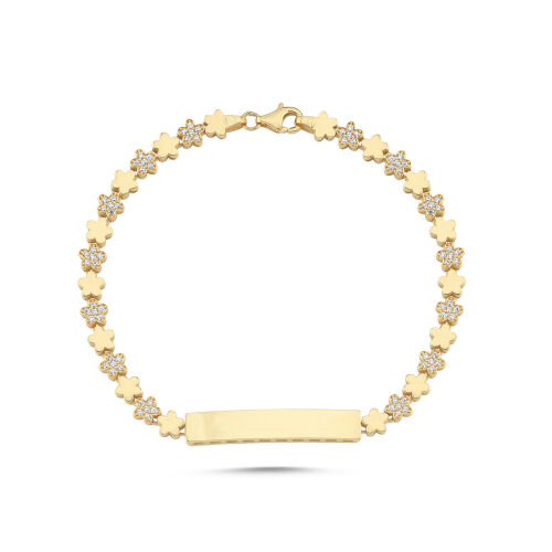 İsim Yazılabilir Plakalı 14 Ayar Yonca Motifli Altın Bileklik 5 mm-19 cm - SembolGold