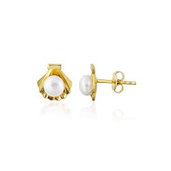 İstiridye İncili Altın Küpe Çivili 14K Gold - Thumbnail
