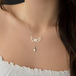 Melek Kanad Altın Kolye Kalpli 14K Gold - Thumbnail