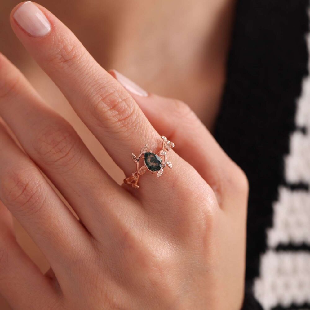 Moss Agate Altın Yüzük Rose 