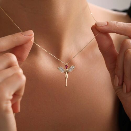 Ruby Taşlı Altın Melek Kolye - SembolGold