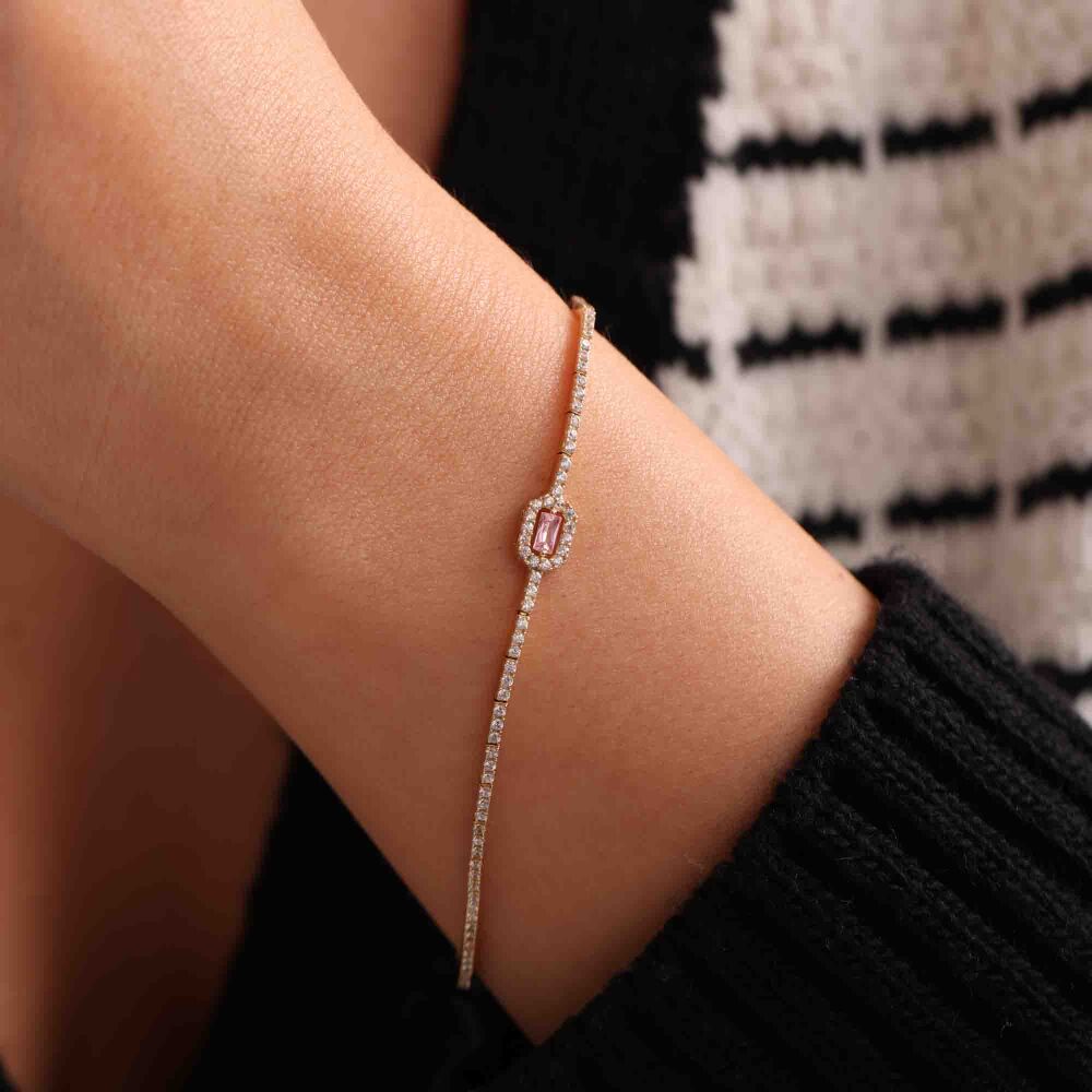 Su Yolu Altın Baget Bileklik Pink Topaz