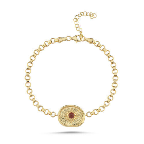 Vintage Akik Taşlı Güneş Motifli Kalın Zincir Bileklik 17-20 cm - SembolGold