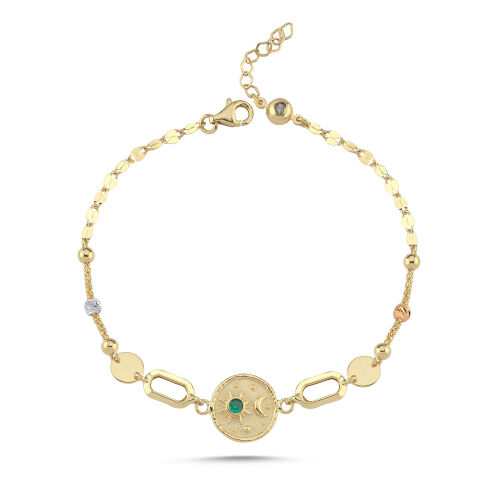 Vintage Yeşil Taşlı Yuvarlak Motif Altın Bileklik17-20 cm - SembolGold